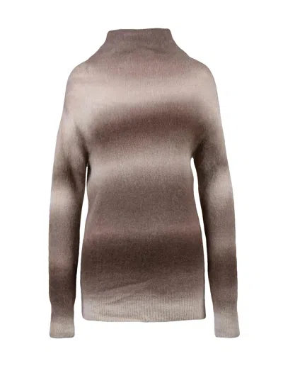 Alysi Long Gradient Knit Sweater With High Neckline And Horizontal Stripes In Brown