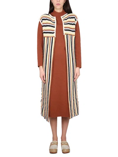 Alysi Long Striped Open Front Vest In Brown