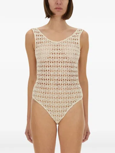 Alysi Crochet Knit Sleeveless Scoop Neck Bodysuit In Brown