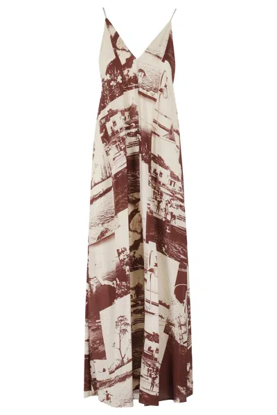 Alysi Maxi Dress With Deep V-neckline And Photographic Print In Brown