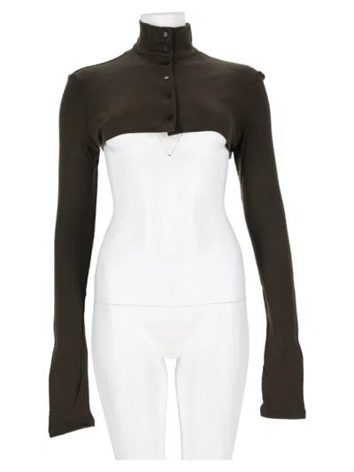 Alysi Military Green High Collar Button Virgin Wool Crop Top In White