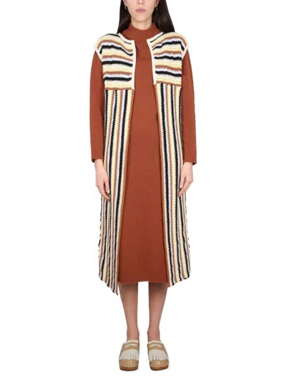 Alysi Open Front Striped Long Vest With Textured Knit In Brown