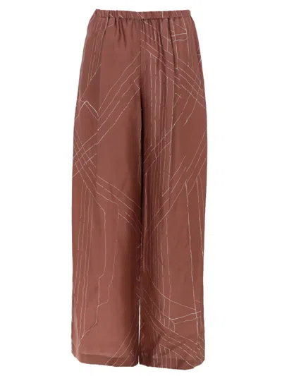 Alysi Linear Pattern Elastic Waistband Silk Wide-leg Pants In Brown