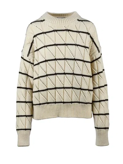 Alysi Perforated Crewneck Sweater With Textured Geometric Pattern In Neutral