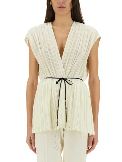 Alysi Pleated Kimono Top With Deep V-neckline In Neutrals