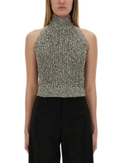 Alysi Sequined High-neck Fitted Top With Open Back In Gold