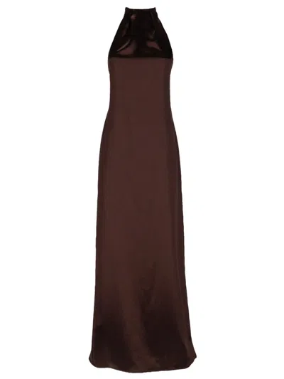 Alysi Shiny Long Dress In Iridescent Satin With Open Back In Brown
