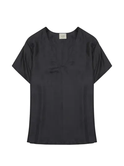 Alysi Silk Twill V-neck Blouse In Black