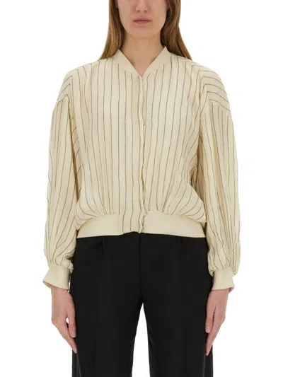Alysi Silk Bomber Jacket With Subtle Stripes In White