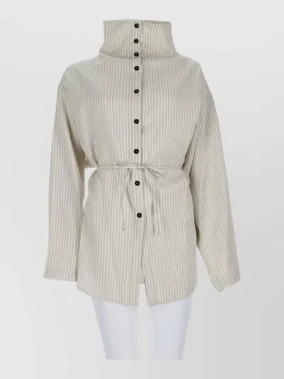 Alysi White High Collar Striped Virgin Wool-silk Shirt In Neutral