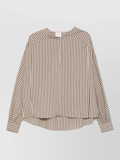 Alysi Striped Blouse Long Sleeves Curved Hem Neckline In Neutral