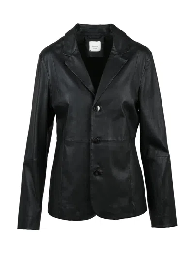 Alysi Tailored Black Leather Blazer With Classic Lapel And Button Closure