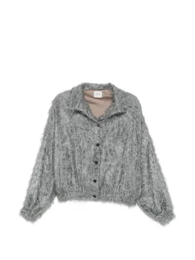 Alysi Cropped Fringed Knit Blouson Jacket In Gray