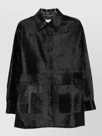 Alysi Textured Leather Coat Straight Hem Long Sleeves In Black