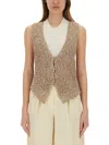 Alysi Sequined Knit Vest With Deep V-neck In Beige