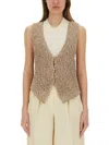 Alysi Sequined Knit Vest With Deep V-neck In Beige