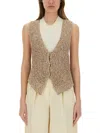 Alysi Sequined Knit Vest With Deep V-neck In Beige