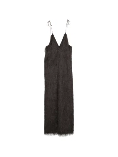 Alysi V-neck Fringed Maxi Dress In Brown