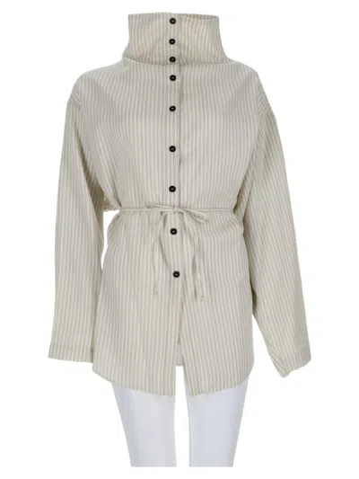 Alysi White High Collar Striped Virgin Wool-silk Shirt In Neutral