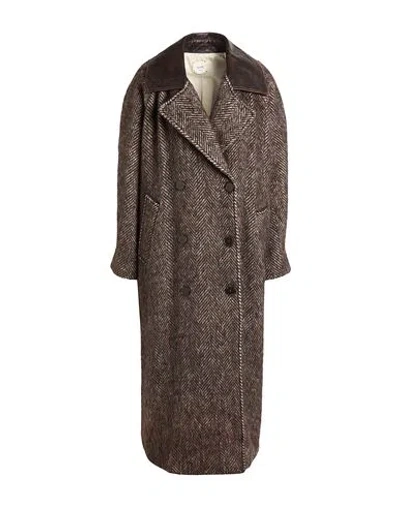 Alysi Woman Coat Dark Brown Size 8 Virgin Wool, Alpaca Wool, Polyamide, Leather