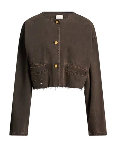 Alysi Woman Denim Outerwear Chocolate Brown Size L Cotton