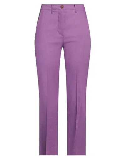 Alysi Woman Pants Purple Size 6 Linen, Viscose, Elastane