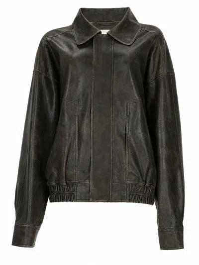 Alysi Brown Vintage Leather Bomber Jacket With Classic Collar In Black