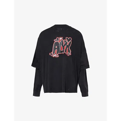 Alyx 1017  9sm Mens Black Logo-print Layered-sleeve Cotton-jersey T-shirt