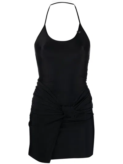Alyx Satin Halterneck Mini Dress With Ruched Knot Detail In Black