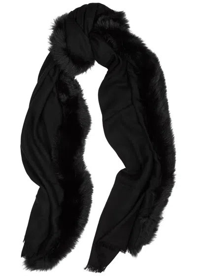 Ama Pure Black Fur-trimmed Wool Scarf