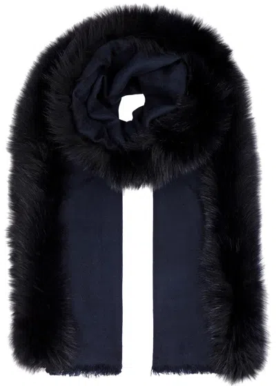 Ama Pure Black Fur-trimmed Wool Scarf In Navy