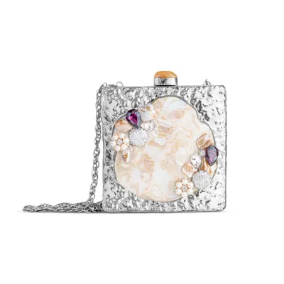 Amaanalux Women's Mother Of Pearl Gem Clustered Metal Silver Clutch Bag