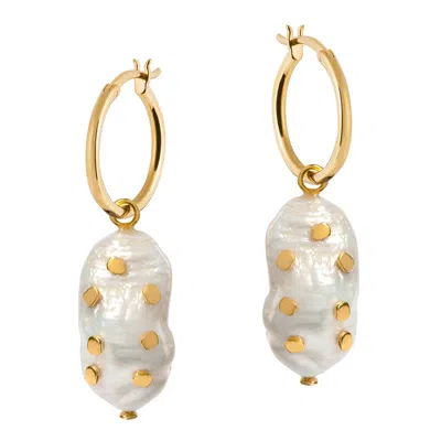 Amadeus Women's Gold / White Venus Gold Hoop Earrings With Large Keshi Pearl And Barnacles