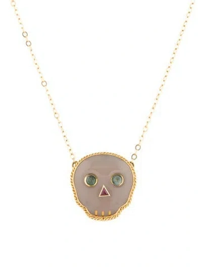 Pre-owned Amali 18k Chalcedony, Sapphire & Ruby Skull Pendant Necklace, 17.75" In Multicolor