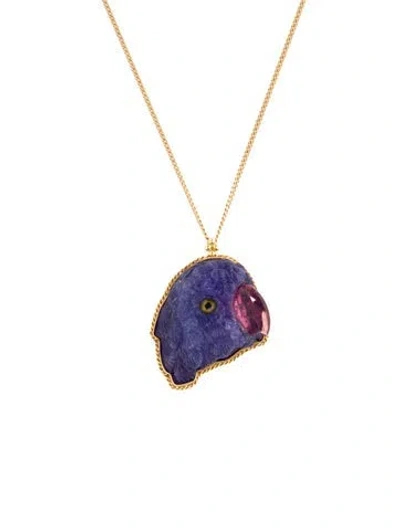 Pre-owned Amali 18k Tanzanite, Topaz & Enamel Parrot Pendant Necklace, 17.75" In Black/yellow