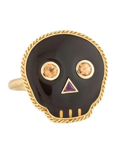 Pre-owned Amali Ruby, Spessartine Garnet & Chalcedony Skull Cocktail Ring In Multicolor