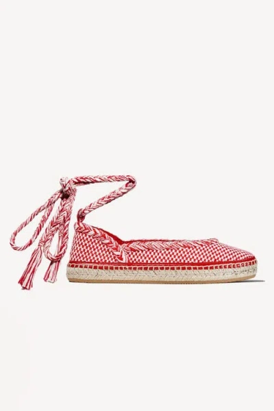 Amambaih Magda Handwoven Espadrille Ballet Sleep-ons Flat With Lace Up Ankle Tie In Red