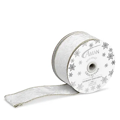 Aman Imports Shimmering Pine 2.5 Velvet & Metallic Ribbon In White