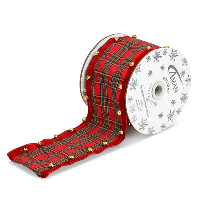 Aman Imports Tartan & Mini Bells 4 Ribbon In Red