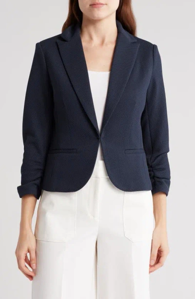 Amanda & Chelsea Notch Lapel 3/4 Sleeve Pique Knit Blazer In Navy