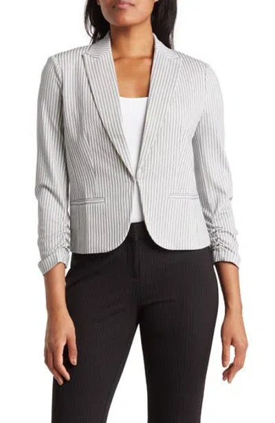 Amanda & Chelsea Three-quarter Scrunch Sleeve Railroad Stripe Blazer In Blue/white