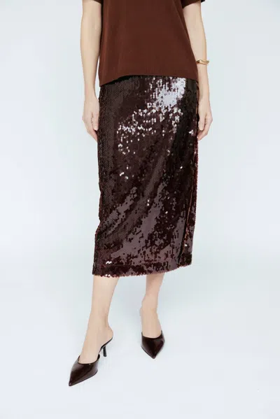 Amanda Maria Sequin Midi Skirt In Mahogany In Brown
