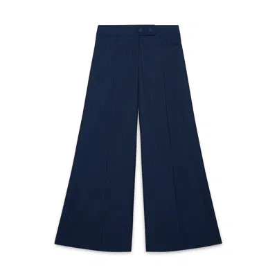 Amanda Thompson Couture Women's Blue Anderson Flared Trouser / Wool / Navy & Red Pinstripe