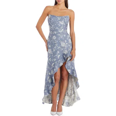 Amanda Uprichard Alyse Floral Brocade Strapless High-low Gown In Denim Brocade