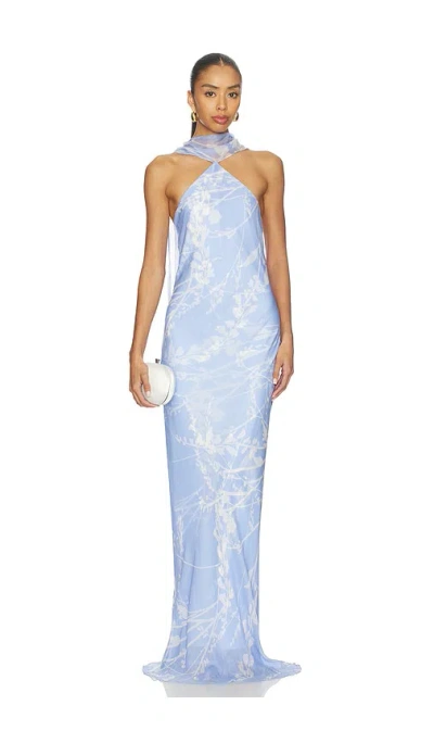 Amanda Uprichard Ashton Halter Scarf Neck Column Gown In Blue