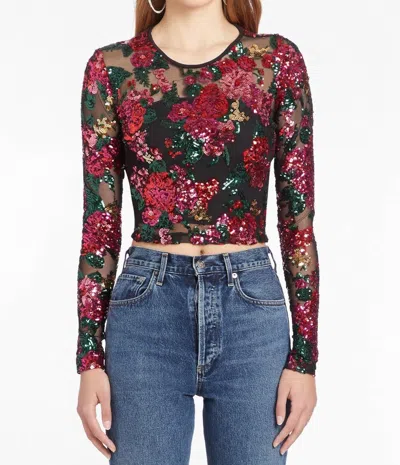 Amanda Uprichard Costella Sequin Top In Noir Dahlia Floral In Black