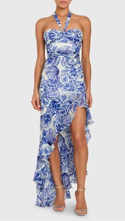 Amanda Uprichard Marabou Chiffon Dress In Shell Print In Blue