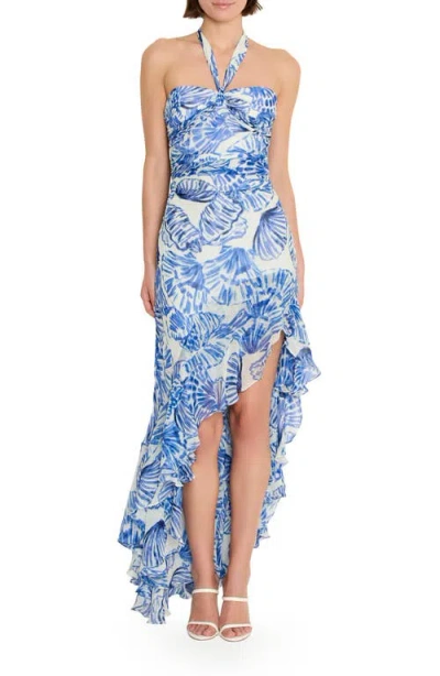Amanda Uprichard Marabou Ruffle Halter High-low Cocktail Dress In Blue