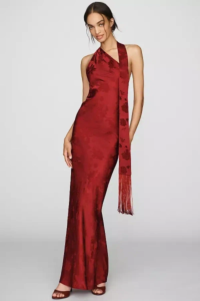 Amanda Uprichard Sonya Scarf Fringe Sleeveless Gown In Red