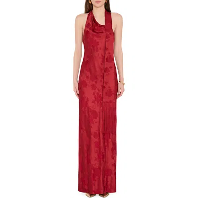 Amanda Uprichard Sonya Scarf Fringe Sleeveless Gown In Rust